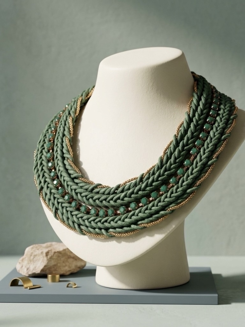 Braided Multi-Strand Green Statement Necklace